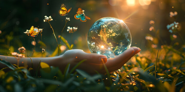 A crystal glass globe is held by a human hand, with flying peacock eye butterflies on grass, depicting the delicate beauty of the earth and the environment.