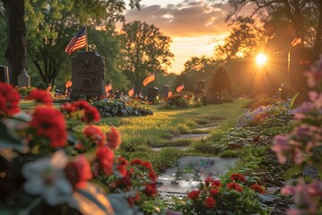 Cemetery With Flowers and Flags in Foreground - obrazy, fototapety, plakaty