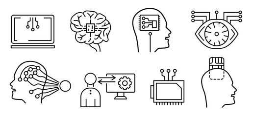 Implantation of a neural chip into the human brain. Icons collection