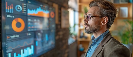 Obraz premium An interactive digital whiteboard TV being watched by a self-assured guy manager shows new ecologically friendly and sustainable