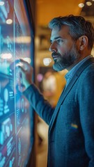 An interactive digital whiteboard TV being watched by a self-assured guy manager shows new ecologically friendly and sustainable