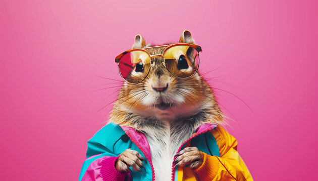 Cool chipmunk with sunglasses in colorful jacket. Generative ai design concept art.