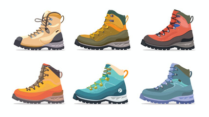 Colorful trekking shoes.Camping gear. Travelers hiking