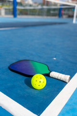 Racket and pickleball ball placed on a court ground