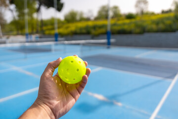 Close-up of a hand holding pickleball yellow ball