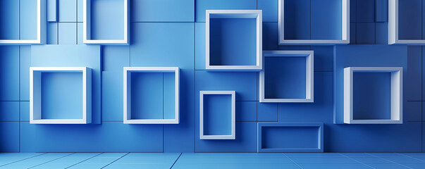 Geometric blue squares arranged on a wall.