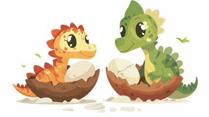 Cute baby dinosaurs in the nest. Dinosaur hatches 