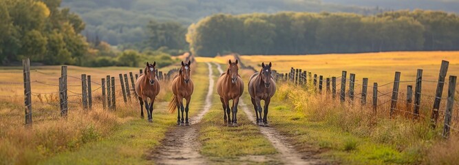 Horses in a group ambling beside a rural country road's fence line - obrazy, fototapety, plakaty
