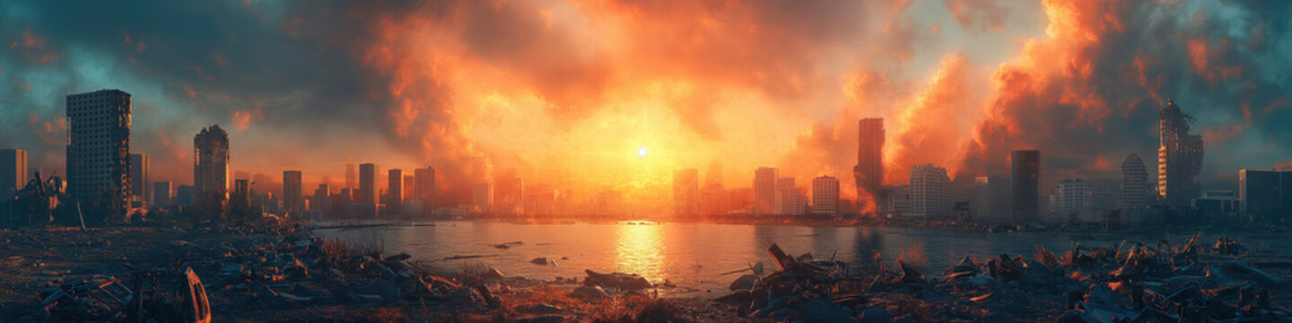 city destroyed by bombing of nuclear war is in ruins in smoke. Megapolis town after earthquake of apocalypse at sunset