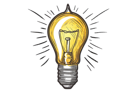 glowing light bulb in hand drawn style isolated on white or transparent png