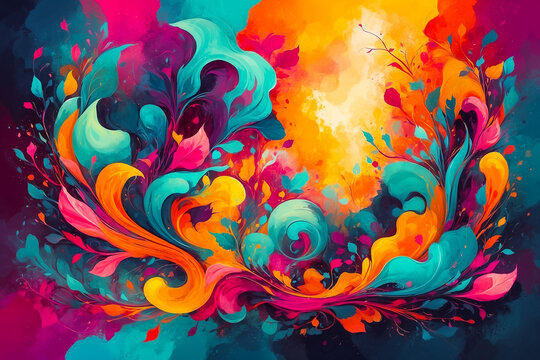 abstract painting, swirling organic shapes, intricate patterns, glossy textures and bright colors in an unusual composition