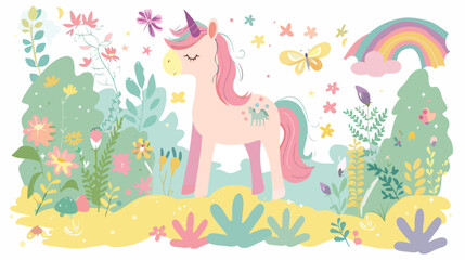 Cute sweet pony unicorn and rainbow. Girly flat vector
