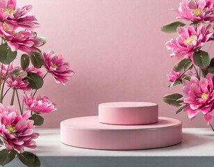 3D pink product podium display with pink flowers and pink background, cosmetics products mockup background,3D render illustration