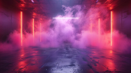 The dark stage shows, purple background, an empty dark scene, neon light, spotlights The asphalt...