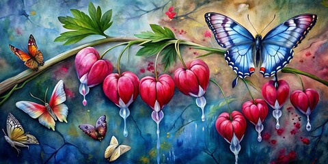 Spring and Summer Flower Background - Bleeding Hearts Oil Painting With Butterflies