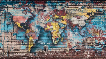 Distressed World Map Mural on Brick
