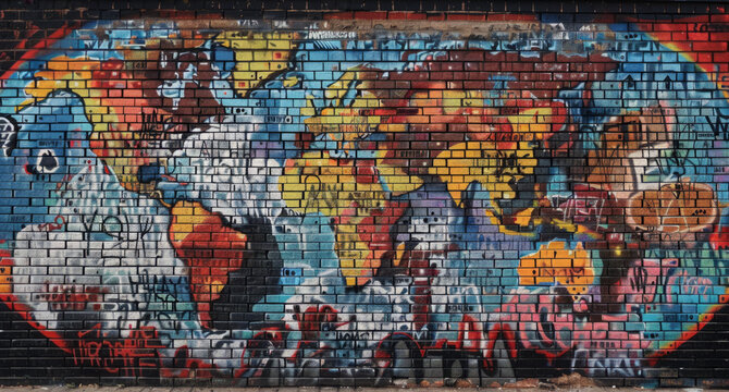 World Map Graffiti on a Street Wall
A detailed graffiti mural of a colorful world map spans across a brick wall, peppered with tagging and urban street art elements.
