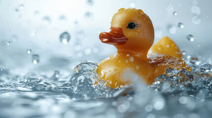 Floating Charm Rubber Duckie Twirls Among Pearlescent Droplets