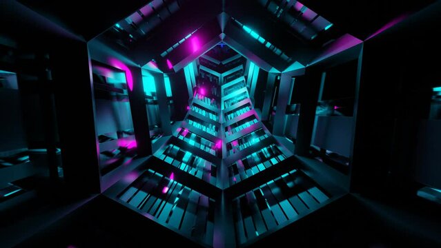 Animation of a dark hexagon tunnel with small pink lights.