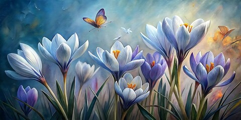Fototapeta na wymiar Beautiful Crocuses Oil Painting, Spring Background, Summer Flower Background, Spring Flower In Oil Paint.
