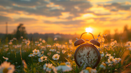 An alarm clock on the meadow with daisies and sunset in the background. A time concept scene - obrazy, fototapety, plakaty