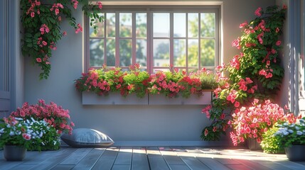 Balcony With Potted Plants and Window - obrazy, fototapety, plakaty