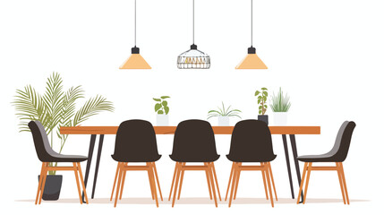Dining table and pendant lights. Hand drawn. flat vector