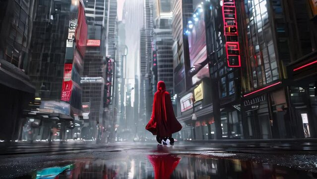 Neon signs and skyscrapers flank a solitary man cloaked in red, striding through mist-shrouded streets of a futuristic metropolis. 