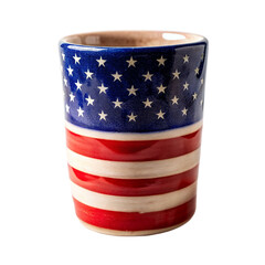 American flag coffee mug with a patriotic design on transparent background.