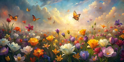 Beautiful Freesias field with butterflies Painted With Oil Paint, Spring Flower In Oil Paint.
 - obrazy, fototapety, plakaty