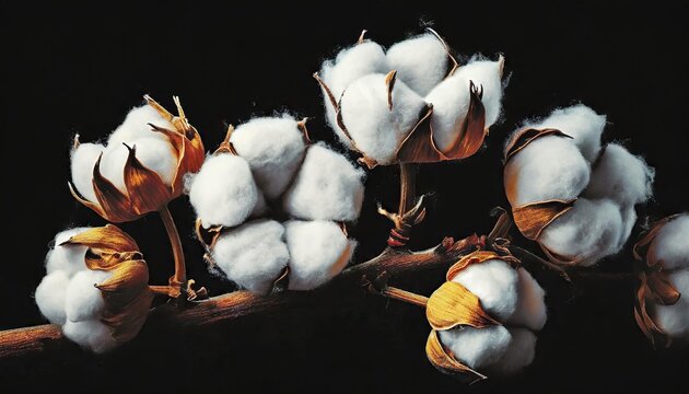 delicate white cotton flowers isolated on black background 