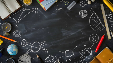 Dark grey chalkboard background with school icons and hand drawn elements of math