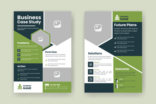 Case Study Layout Flyer. Minimalist Business Report with Simple Design. Green and Black Color Accent.