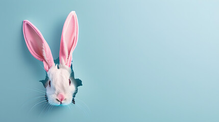 Easter bunny ears sticking out of hole on pastel blue background with copy space