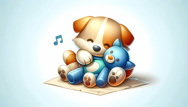 3d flat icon as Canine Cuddle A watercolor depiction of a dog cuddling its favorite toy. in watercolor pet theme theme with isolated white background ,Full depth of field, high quality ,include copy s