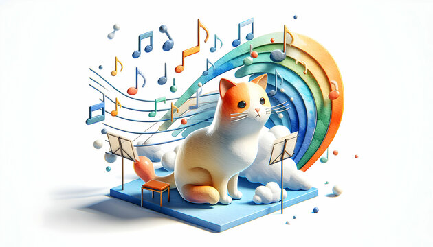3d flat icon as Cat Meow A cat mid meow with watercolor notes floating around. in watercolor pet theme theme with isolated white background ,Full depth of field, high quality ,include copy space, No n