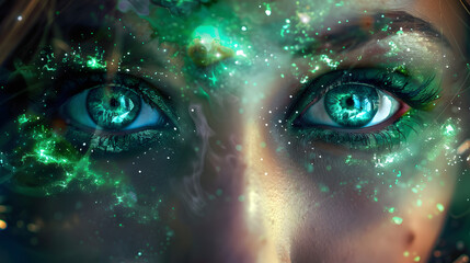 Galaxy in the eyes of the emerald goddess - obrazy, fototapety, plakaty
