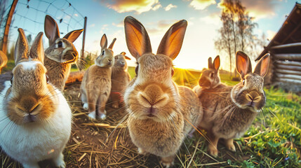 A group of rabbits sit together in the lush green grass - obrazy, fototapety, plakaty