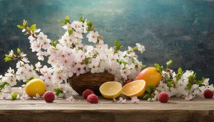 Garden Delight: Wooden Table Bursting with Spring Fruit Flowers