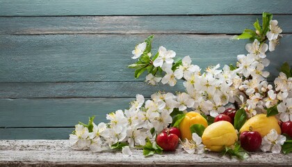 Floral Finesse: Spring Background with Fruit Flowers on Rustic Table