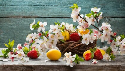 Fresh Harvest: Fruit Flowers Bloom on Rustic Wooden Table