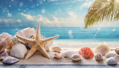 Beach summer panoramic background with Clown fish and starfish