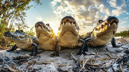 Poster Im Rahmen Multiple crocodiles sitting on the sandy beach under the sun © Anoo