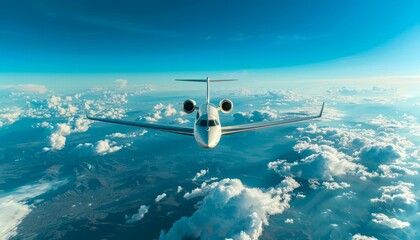 Naklejka na ściany i meble Private Jet Soaring Above the Earth with Cloudy Skies. Generative ai