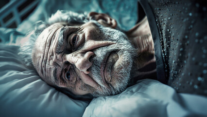 An elderly man rests peacefully in a hospital bed, surrounded by the hum of medical equipment and the calm stillness of the room - obrazy, fototapety, plakaty