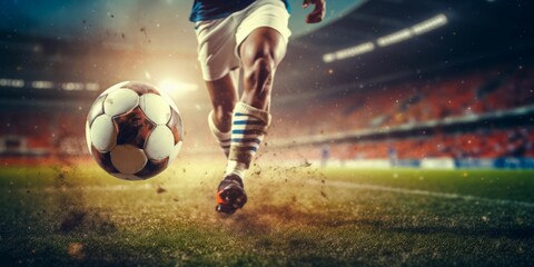 Fototapeta premium Dynamic Soccer Player Kicking Ball on the Field. Generative ai