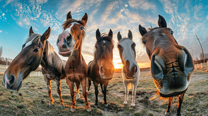 A group of horses of different colors and sizes standing together in a field, creating a picturesque scene - obrazy, fototapety, plakaty