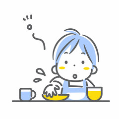 食事に集中しない子供　男の子　シンプルでお洒落な線画イラスト