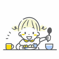 楽しく食事をする子供　女の子　シンプルでお洒落な線画イラスト