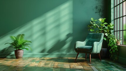 Vintage Green Armchair in Sunlit Room with Plants
